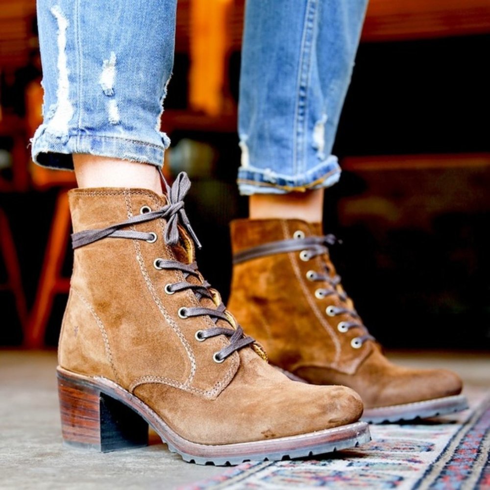 $428 Frye Sabrina 6G Lace Up Dark Brown Real Leather Suede Moto Combat Moto Boot